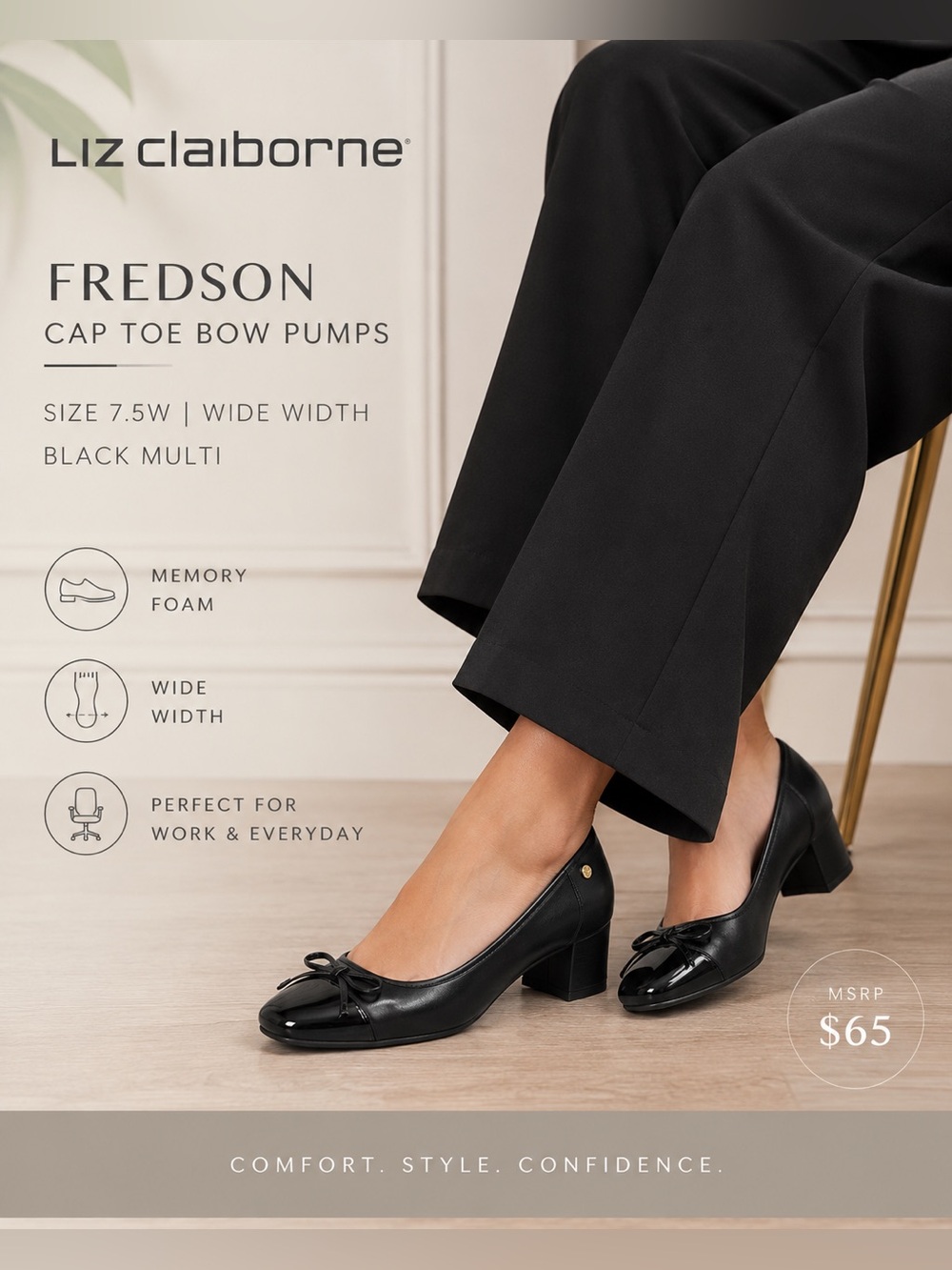 NWT Liz Claiborne Fredson Black Cap Toe Bow Pumps 7.5W Wide Width